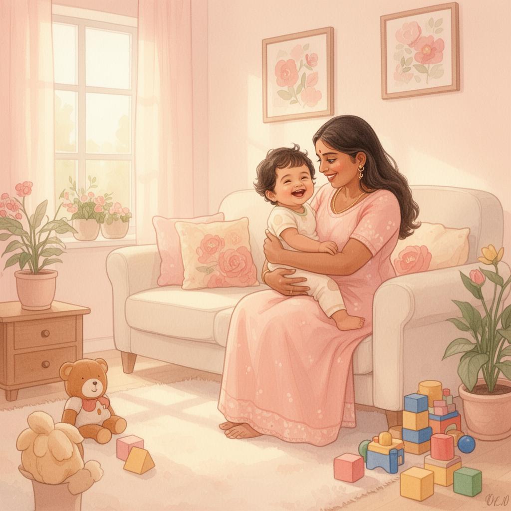 A loving caregiver holding a happy toddler in a warm sunlit home